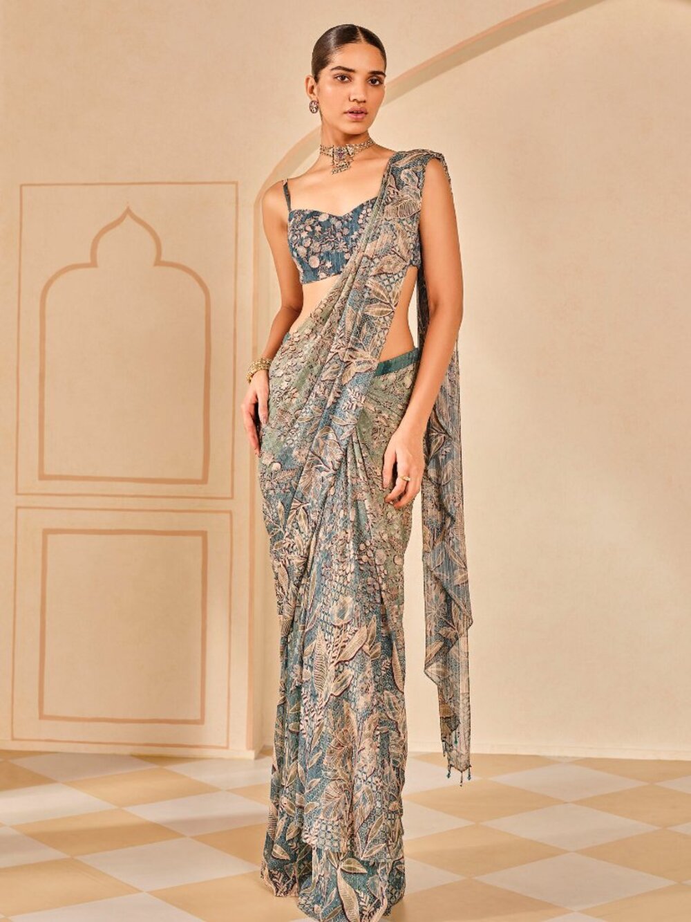 Anita Dongre Turaya Printed Pre-draped Saree - Powder Blue